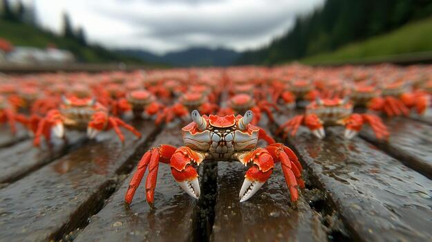 Group of Vibrant Red Crabs on Wooden Dock Under Cloudy Sky in Nature Setting photo