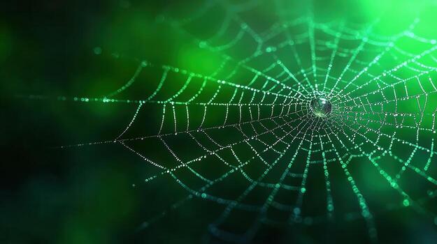 Intricate Web of a Spider with Dew Drops on Green Background and Soft Focus photo