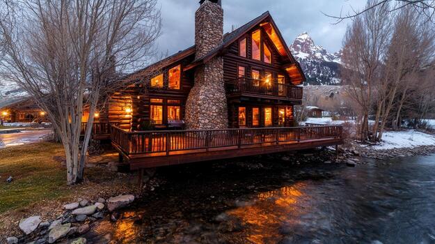 Cozy log cabin by the river with stunning mountain backdrop at twilight photo