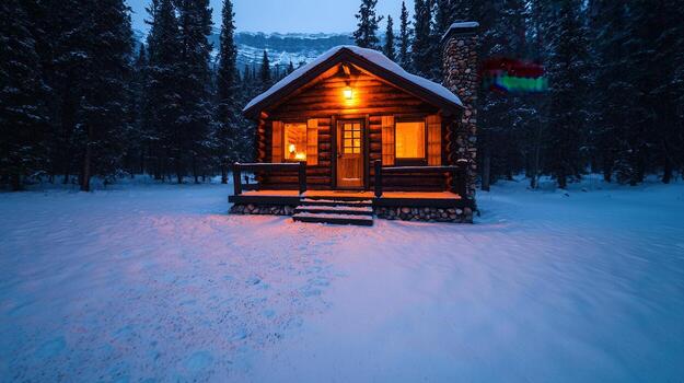 Cozy log cabin in a snowy forest during twilight with warm glowing light outside photo