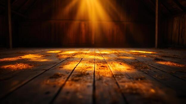 Sunlight Streaming Through Attic, Dust Particles Dancing on Wooden Floor photo