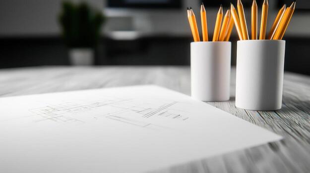 Workspace with Sketch Paper and Orange Pencils in Minimalist Office Setting photo