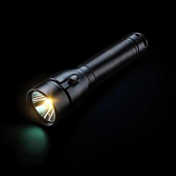 High-Quality Black Flashlight with Bright LED Light on Dark Background photo