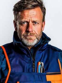 Focused Man in Workwear with Tools in Pocket, Serious Expression, Studio Shot photo