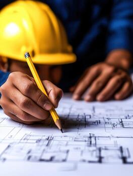 Construction Worker Reviews Blueprint with Pencil and Hard Hat in Workshop Setting photo