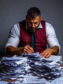 Focused Man at Desk Working with Mountains of Paperwork and Busy Environment photo