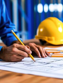Architect Creating Construction Plans with Detailed Drafts and Tools on a Table photo