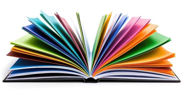 vistoso abierto libro con vibrante paginas avivado fuera en contra un blanco antecedentes foto