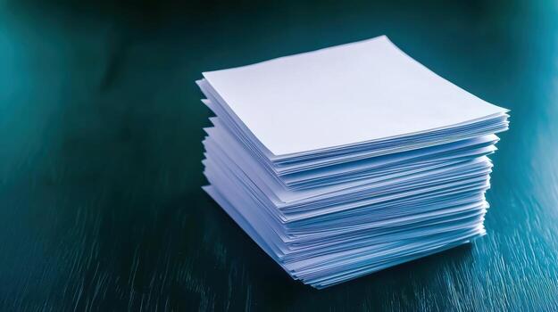 Stack of blank white paper sheets on a dark wooden table background for office use photo