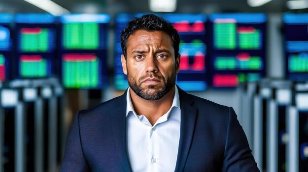 Confident Businessman Standing in Front of Stock Market Displays with Data Charts photo