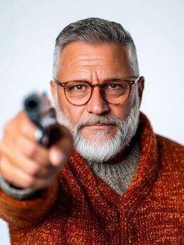 Serious elderly man pointing firearm directly at camera with intense expression photo