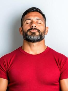 Calm and Reflective Man with Closed Eyes in Red T-Shirt Against Light Background photo