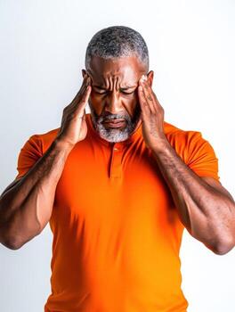 Man in Orange Shirt Experiencing Pain or Discomfort in Studio Setting photo