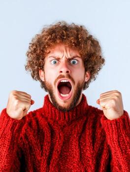 Emotional man expressing anger and frustration with clenched fists in bright sweater photo