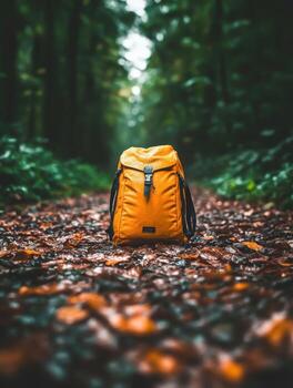 Vibrant Yellow Backpack on Wet Forest Path Surrounded by Lush Greenery and Leaves photo