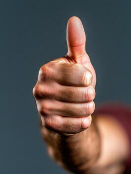 closeup of Hand Giving Thumbs Up Gesture with Neutral Background in Studio Setting photo