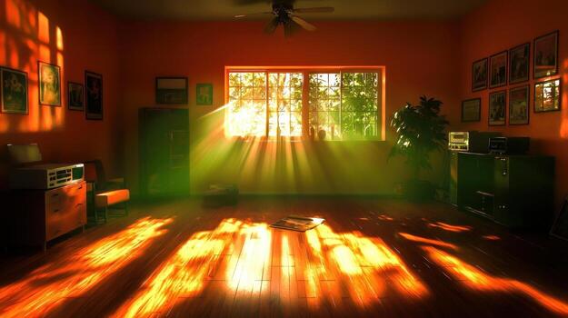 Cozy room with warm sunlight streaming through window and creating soft shadows photo
