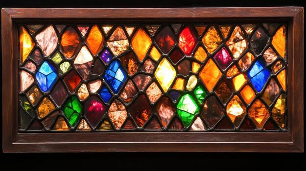 Colorful Stained Glass Panel with Intricate Patterns and Vibrant Light Reflection photo