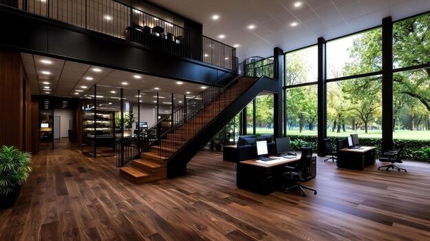 Modern Office Interior with Open Space, Large Windows, and Stylish Design Elements photo