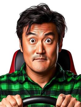 Surprised Man Driving Go-Kart with Intense Expression and Focused Eyes in Bright Setting photo