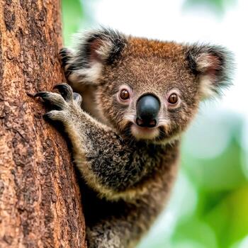 Adorable Koala Climbing Tree in Natural Habitat with Soft Leaves and Bright Background photo
