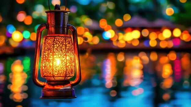 Vintage Lantern Glowing Near Water with Beautiful Bokeh Background at Evening photo