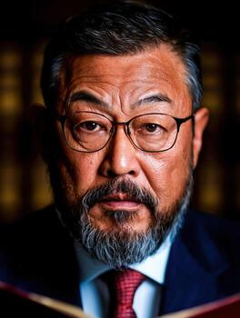 Serious middle-aged man in suit with glasses and beard holding book in quiet library setting photo