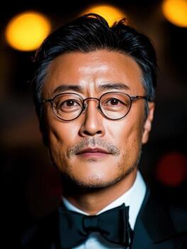 Elegant man in tuxedo with glasses, confident expression, close-up portrait at formal event photo