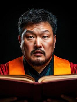 Focused Man in Traditional Robe Holding Open Book with Intense Expression photo