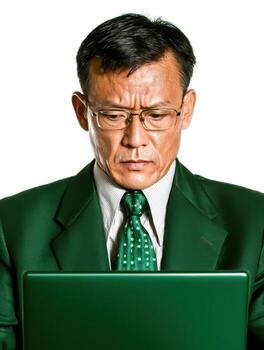 Focused business professional wearing green suit while working on laptop in studio setting photo