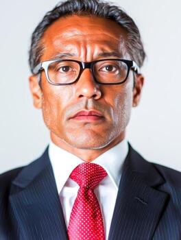 Professional businessman with serious expression wearing glasses and red tie on gray background photo