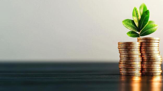 Green Plant Growing from Stacks of Gold Coins on Dark Background Symbolizing Prosperity photo