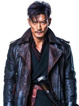 feroz guerrero en cuero chaqueta con intenso expresión en contra blanco antecedentes foto