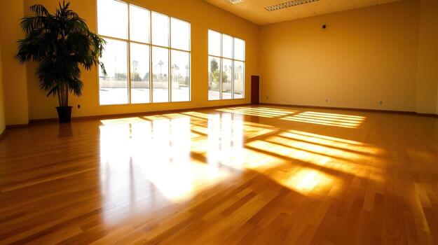 Bright and Spacious Indoor Room with Wooden Floor and Large Windows for Events or Classes photo