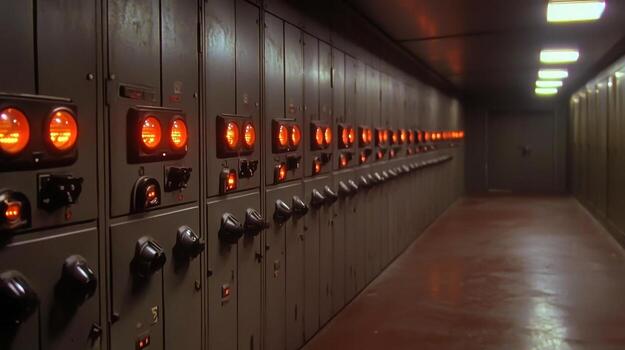 Dark Industrial Corridor with Control Panels and Glowing Indicator Lights photo