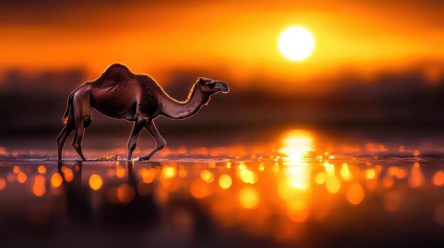 Camel Walking Along the Shore at Sunset With Blurred Background and Reflections on Water photo