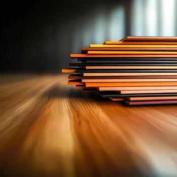 Colorful Stacked Paper Sheets on Wooden Surface in Bright Workspace Environment photo
