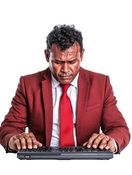 empresario en formal atuendo trabajando en ordenador portátil con enfocado expresión y profesional postura foto