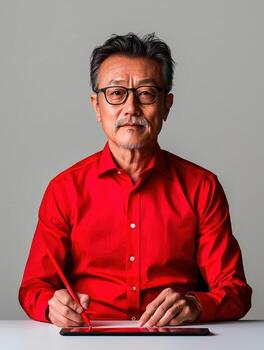Mature man in red shirt using digital tablet with stylus, focused expression, studio setting photo