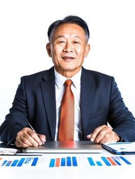 Confident Businessman in Suit Engaging with Reports on Desk Smiling at Camera photo