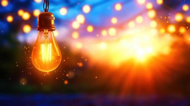 Vintage Light Bulb Hanging Above Sparkling Bokeh Background at Sunset Glow photo