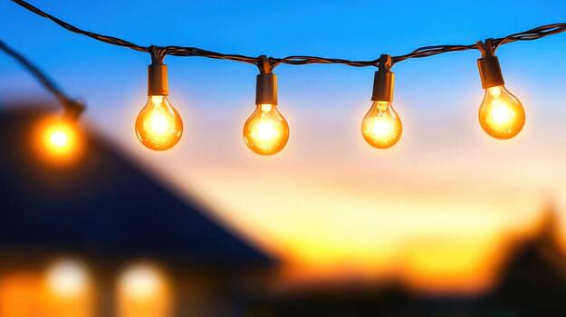 Warm Glow of String Lights at Sunset Over a Cozy Outdoor Setting photo