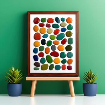 Colorful Pebble Art on Display with Wooden Frame and Indoor Plants in Modern Setting photo