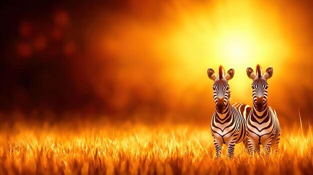 Pair of Zebras Against a Vibrant Sunset in Open Field of Golden Grasslands photo