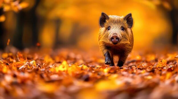 Wild Boar Walking Through Autumn Leaves in a Forest Setting with Blurred Background photo