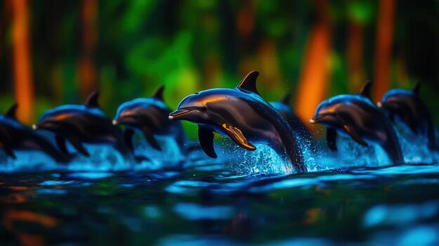 Dolphins Leaping Playfully Above Ocean Waves in Twilight Glow of Nature's Serenity photo