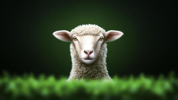 Close-Up of a Sheep with Fluffy Wool Against a Dark Green Background in Nature photo