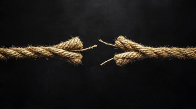 Frayed Ends of Rope Isolated on Dark Background Symbolizing Breakage and Separation photo