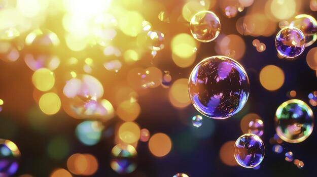 Colorful soap bubbles floating with vibrant background of light and color patterns photo