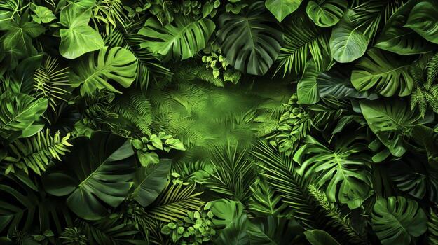 Lush Green Tropical Foliage Background Featuring Various Leaf Shapes and Textures photo